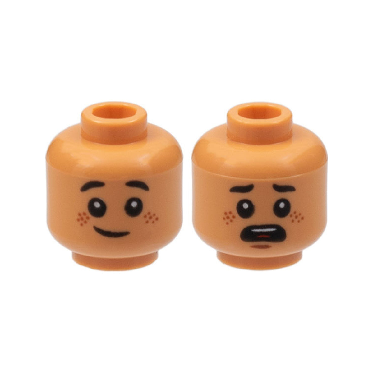 LEGO® Minifigure, Head Dual Sided Child, Reddish Brown Freckles, Grin / Scared Open Mouth, Black Eyebrows Rounded Ends Pattern 3626pb2421 nougat