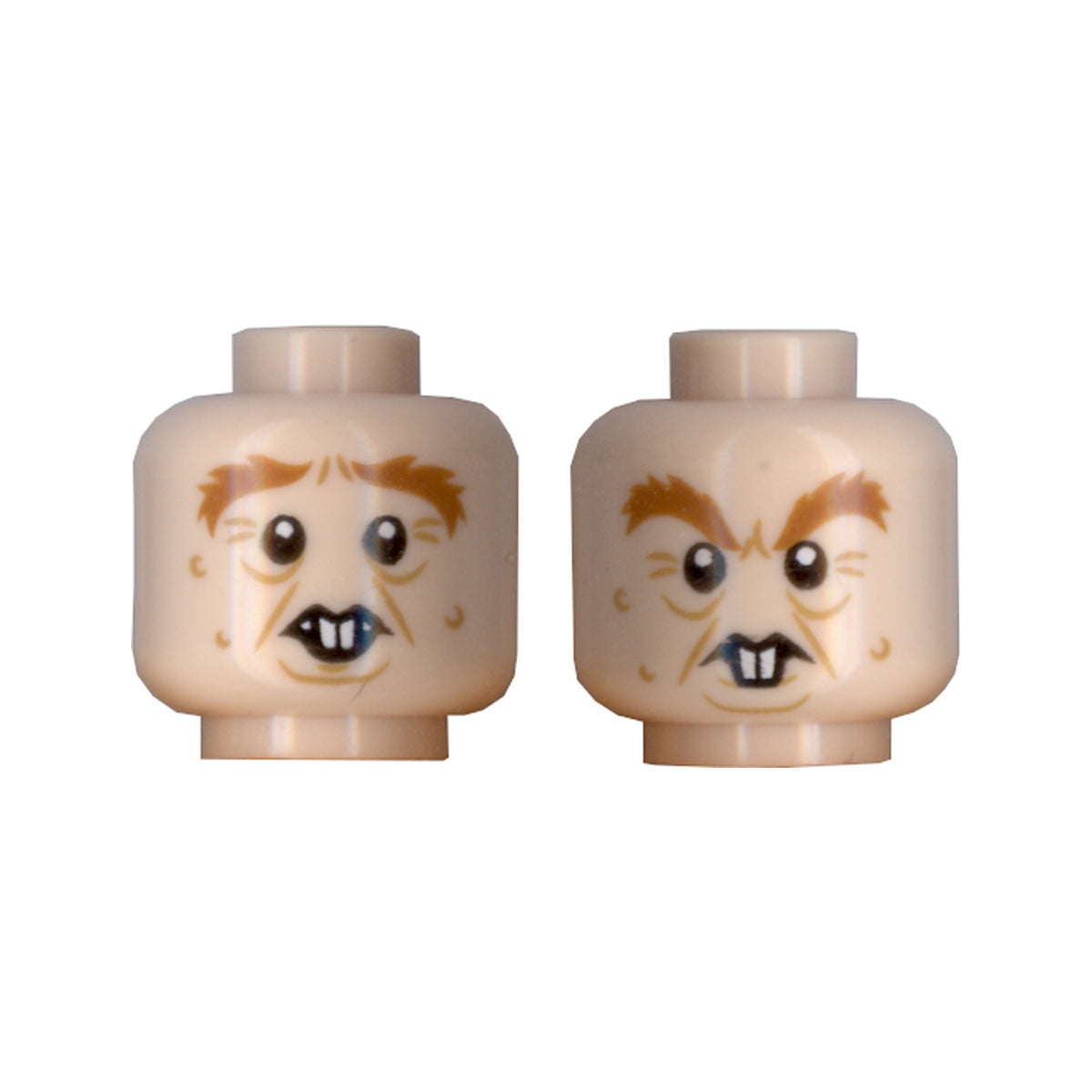 LEGO® Minifigure, Head Dual Sided Dark Orange Bushy Eyebrows, Medium Nougat Jowl Lines, Chin Dimple, Warts and Wrinkles, Rodent Buck Teeth, Neutral Open Mouth / Angry with Furrowed Brow Pattern 3626pb2437 hellnougat