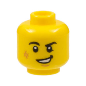 LEGO® Minifigure, Head Black Eyebrows, Right Rounded, Medium Nougat Scuff Mark and Chin Dimple, Lopsided Open Mouth Smile with Teeth Pattern 3626pb2519