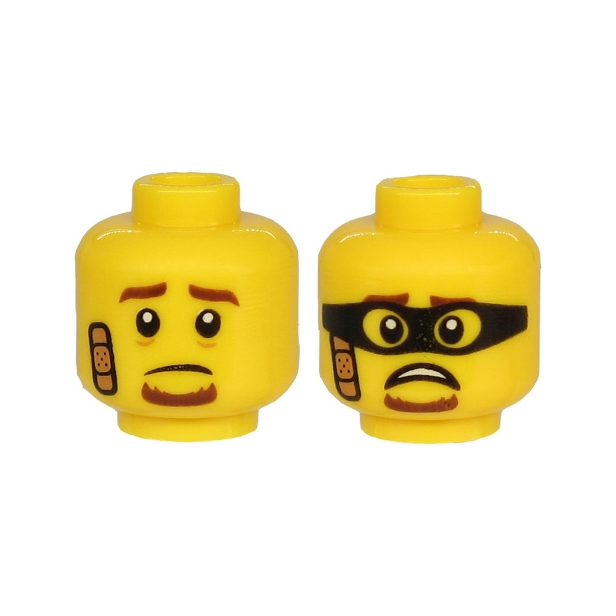 LEGO® Minifigure, Head Dual Sided Brown Eyebrows and Goatee, Bandage,  Sad / Scared Face with Black Mask Pattern 3626pb2538 gelb