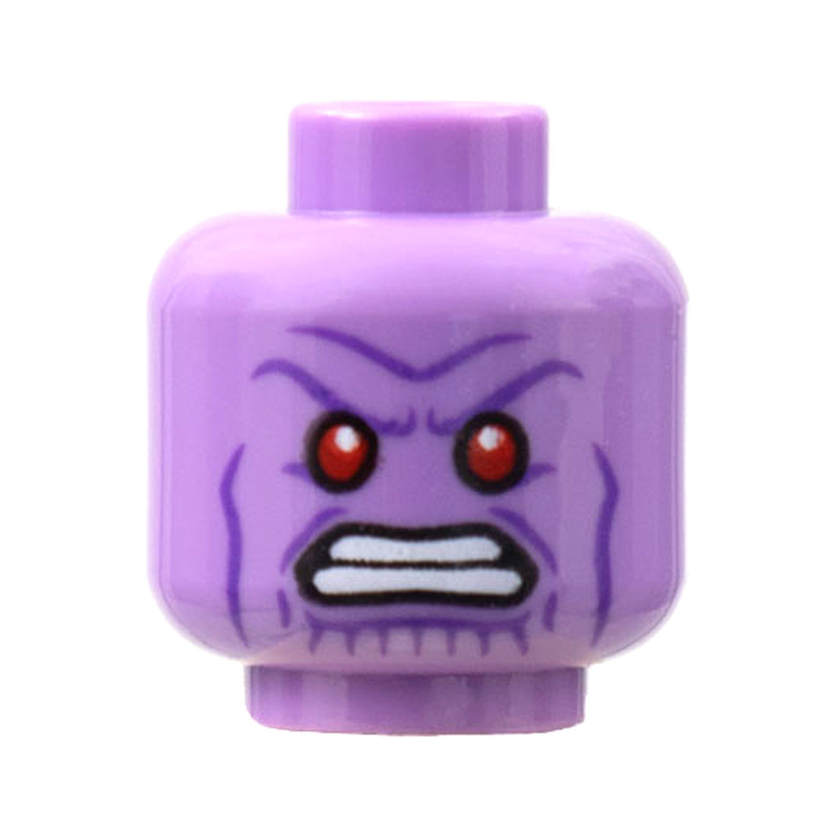 LEGO® Minifigure, Head Alien Red Eyes, Dark Purple Cheek Lines, Wrinkles, Furrowed Brow, Angry Bared Teeth Pattern 3626pb2576 lavendel
