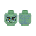 LEGO® Minifigure, Head Alien Troll with Black Bushy Eyebrows, Short Cheek Lines and Wide Chin Dimple, Yellow Eyes, Sand Blue Markings, Angry Frown with White Lower Fangs Pattern 3626pb2626 sandgrün