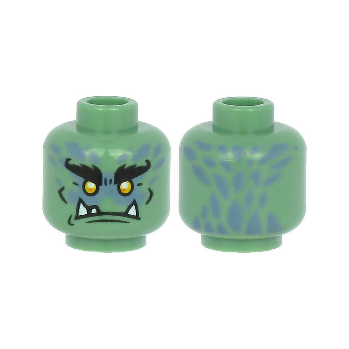 LEGO® Minifigure, Head Alien Troll with Black Bushy Eyebrows, Short Cheek Lines and Wide Chin Dimple, Yellow Eyes, Sand Blue Markings, Angry Frown with White Lower Fangs Pattern 3626pb2626 sandgrün