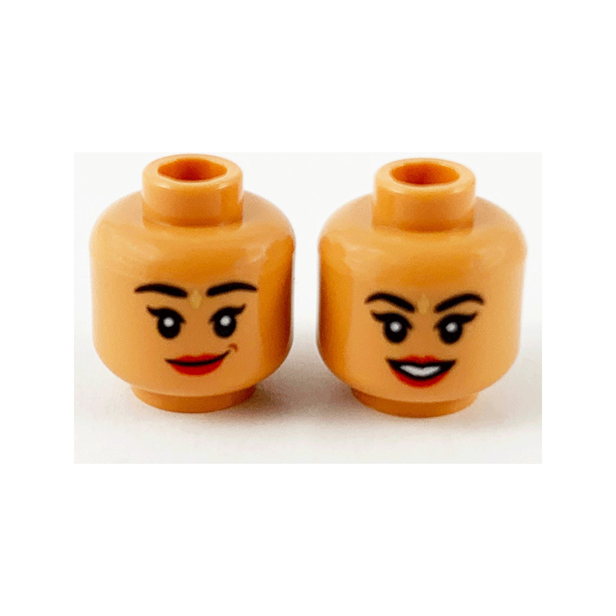 LEGO® Minifigure, Head Dual Sided Female, Black Eyebrows, Gold Bindi, Red Lips, Lopsided Grin / Open Smile Pattern 3626pb2706 nougat