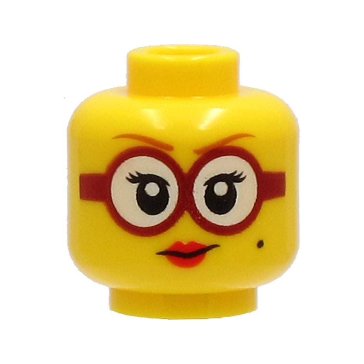 LEGO® Minifigure, Head Female Dark Orange Eyebrows, Glasses Round with White Lenses and Dark Red Frames, Beauty Mark, Red Lips, Smile Pattern 3626pb2725 gelb