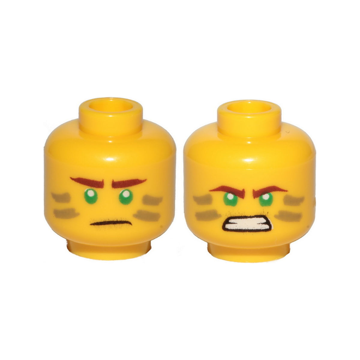 LEGO® Minifigure, Head Dual Sided Reddish Brown Eyebrows, Green Eyes, Dark Tan Stripes, Scowl / Angry Pattern (Lloyd) 3626pb2732 gelb