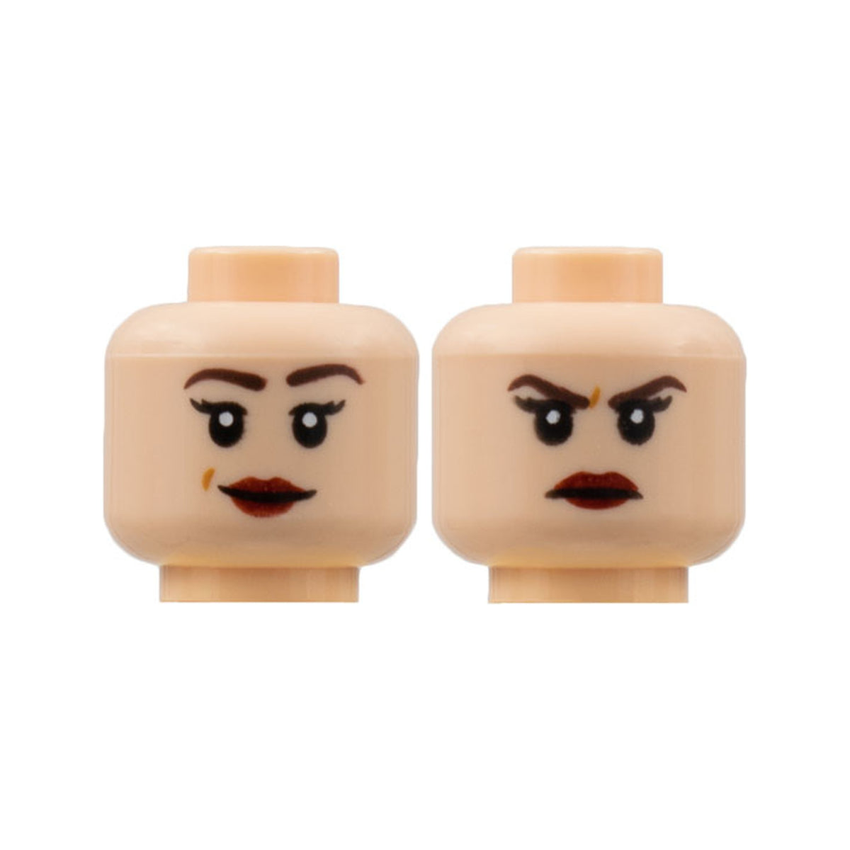 LEGO® Minifigure, Head Dual Sided Female, Medium Nougat Eyebrows, Peach Lips, Smile / Scowl Pattern 3626pb2860 hellnougat