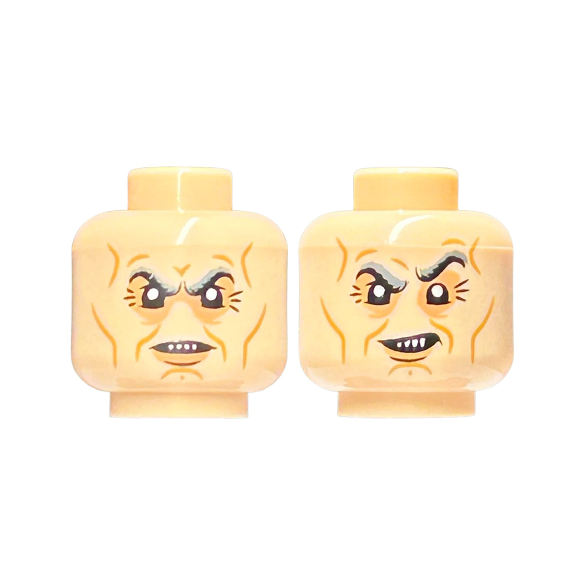 LEGO® Minifigure, Head Dual Sided Dark Bluish Gray Eyebrows, Nougat Eye Shadow, Medium Nougat Cheek Lines, Chin Dimple, and Wrinkles, Grin / Scowl with 4 Sharp Teeth Pattern 3626pb2871 hellnougat