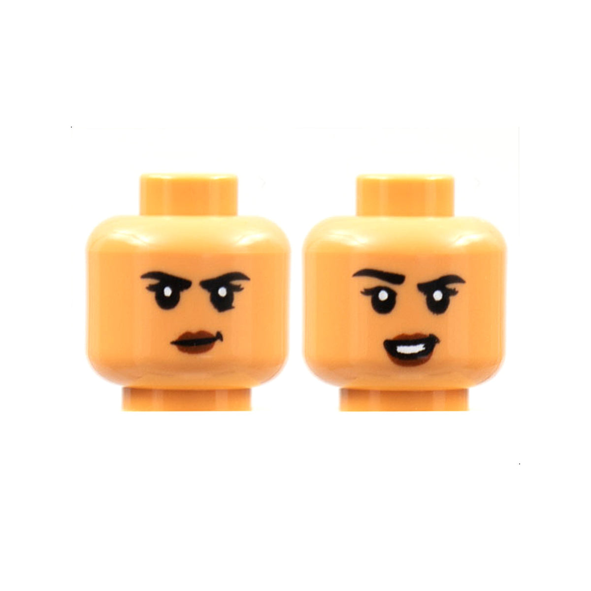 LEGO® Minifigure, Head Dual Sided Female, Black Eyebrows, Reddish Brown Lips, Smirk / Smile with Raised Eyebrow Pattern 3626pb2912 nougat