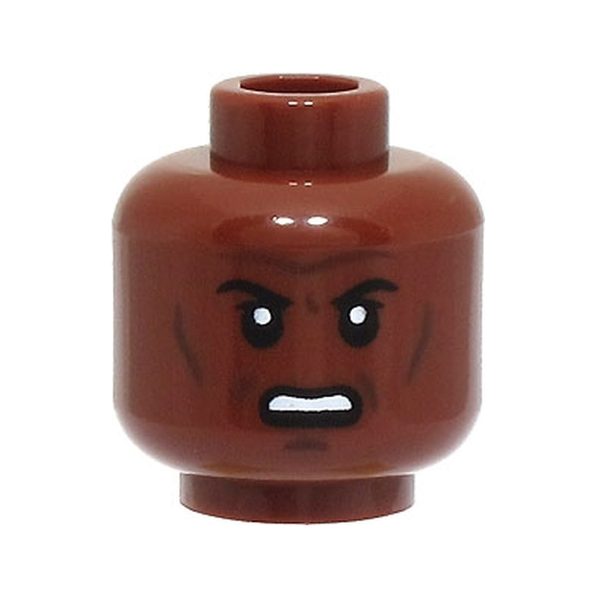 LEGO® Minifigure, Head Black Eyebrows, Forehead Lines, Cheek Lines and Chin Dimple, Scowl with Open Mouth and Teeth Pattern 3626pb2922 braun