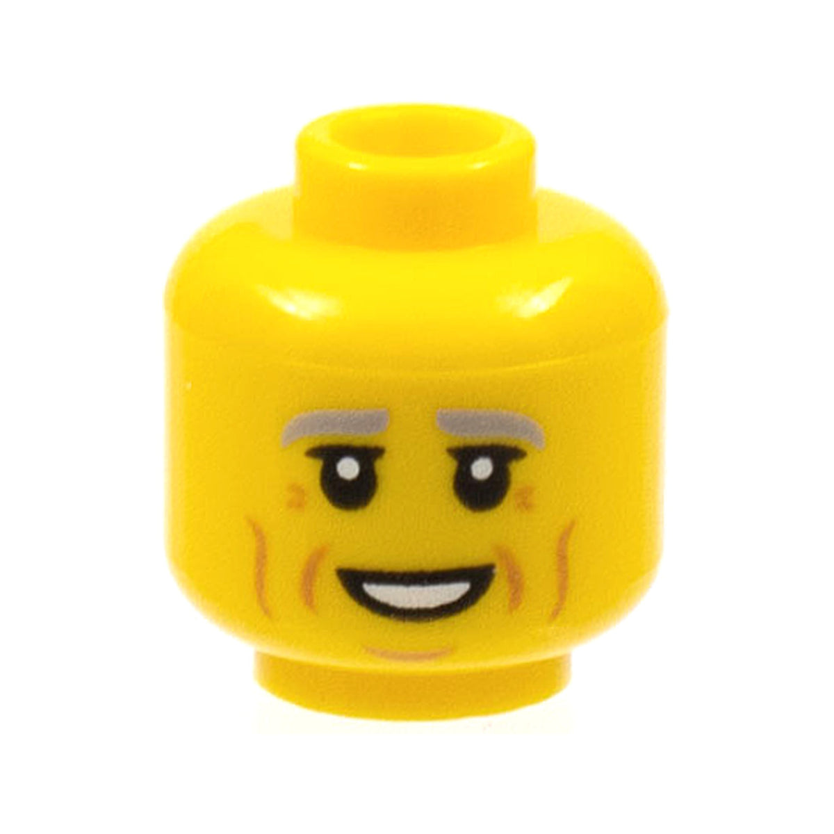 LEGO® Minifigure, Head Light Bluish Gray Eyebrows, Black Eyelids, Medium Nougat Cheek Lines, Wrinkles, and Chin Dimple, Open Mouth Smile with Teeth Pattern 3626pb2950 gelb