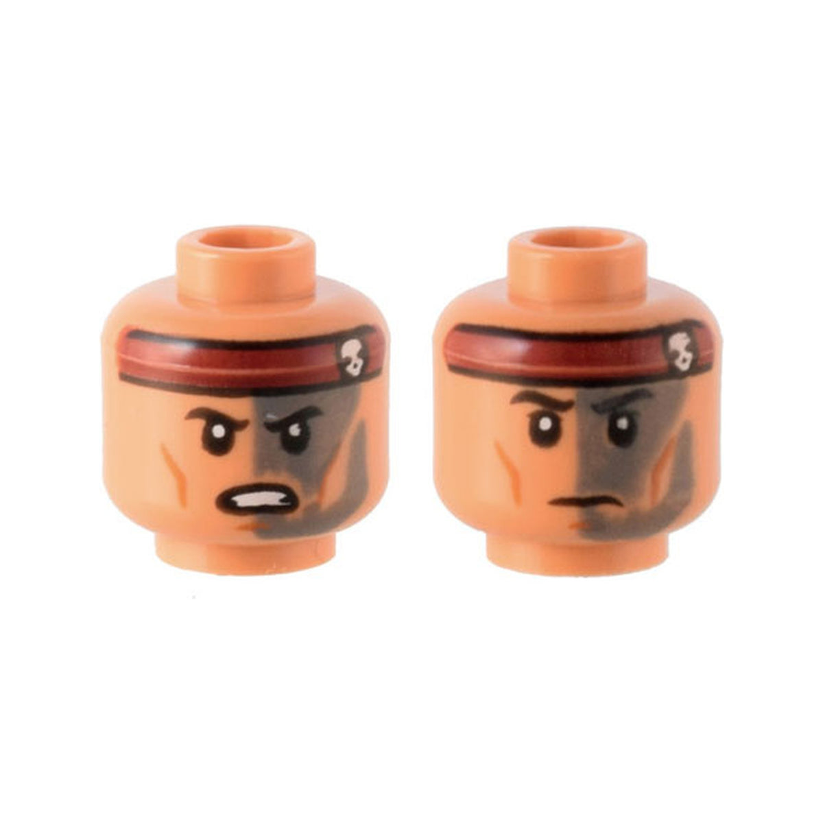 LEGO® Minifigure, Head Dual Sided Black Eyebrows, Dark Red Headband with White Skull, Medium Nougat Cheek Lines and Chin Dimple, Dark Bluish Gray Face Paint on Left Half, Angry Open Mouth Scowl with Teeth / Stern Pattern 3626pb2953 nougat