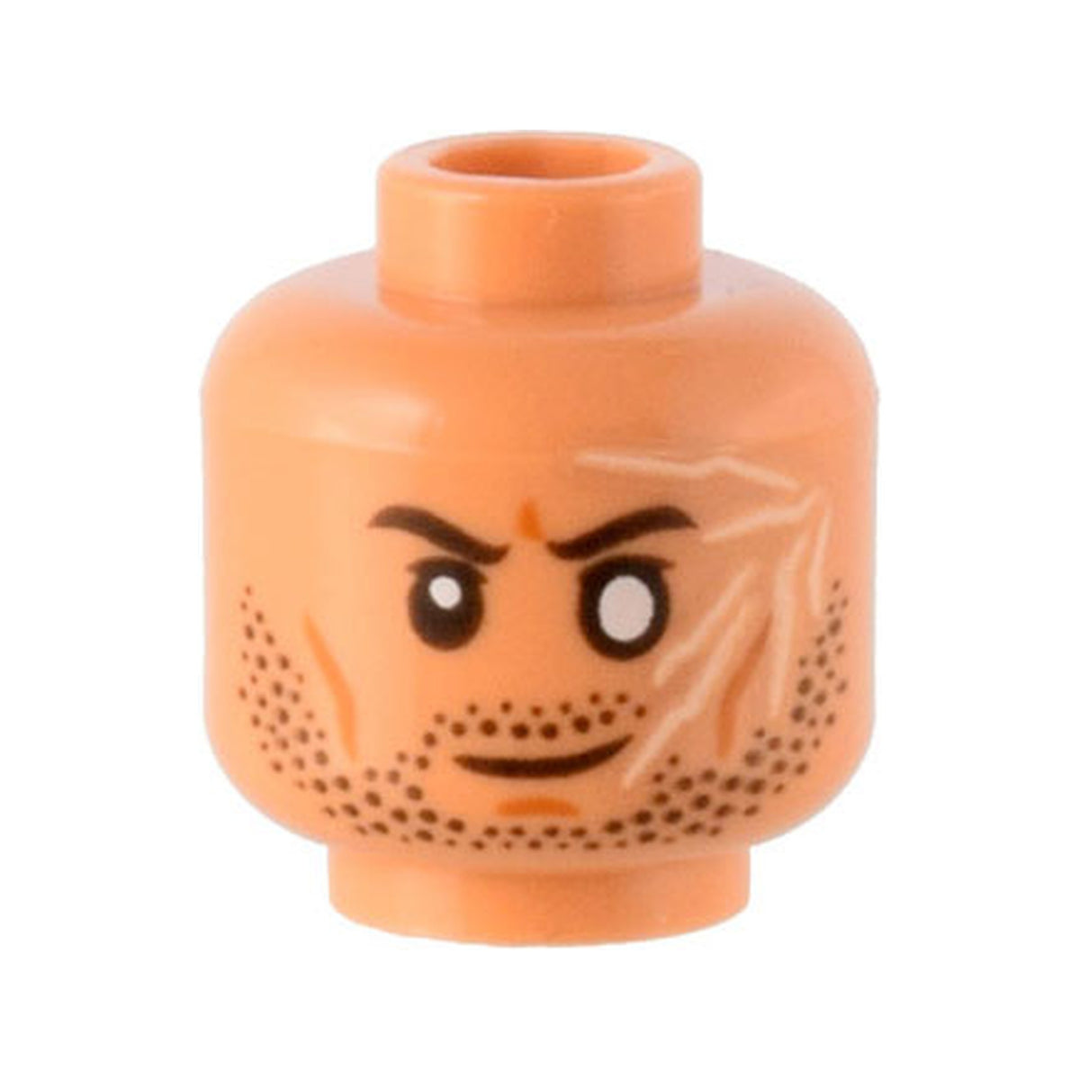 LEGO® Minifigure, Head Black Eyebrows, Stubble, Dark Orange Brow Furrow, Cheek Lines and Chin Dimple, White Scars, Blind Left Eye Pattern 3626pb2983 nougat
