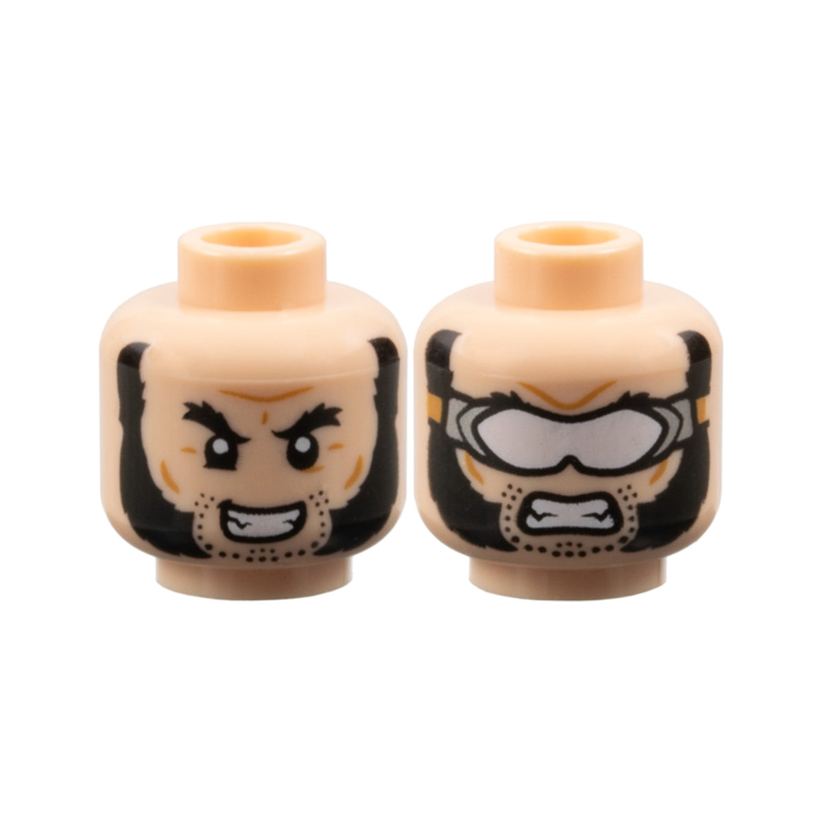 LEGO® Minifigure, Head Dual Sided Black Bushy Eyebrows, Mutton Chops and Stubble, Medium Nougat Wrinkles, Furrowed Brow, Open Mouth Smile and Lower Right Eyelid / Angry Bared Teeth and Silver Goggles with White Lens Pattern 3626pb3008 hellnougat