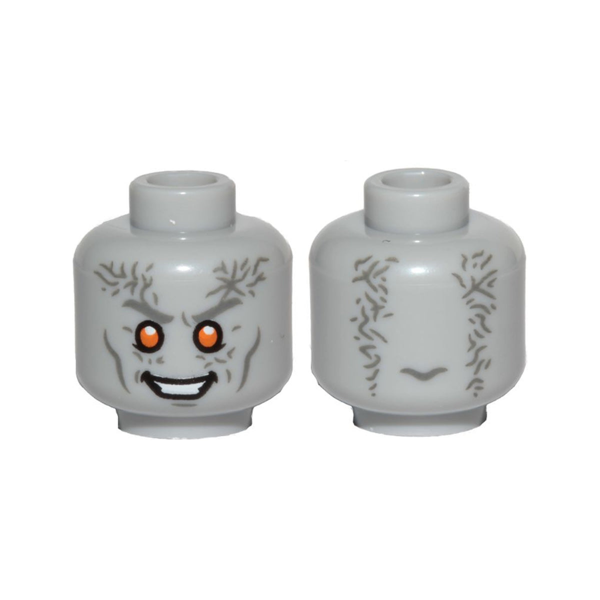 LEGO® Minifigure, Head Alien with White Teeth, Dark Bluish Gray Cheek Lines, Eyebrows and Wrinkles, Orange Eyes, Smile Pattern 3626pb3018 hellgrau
