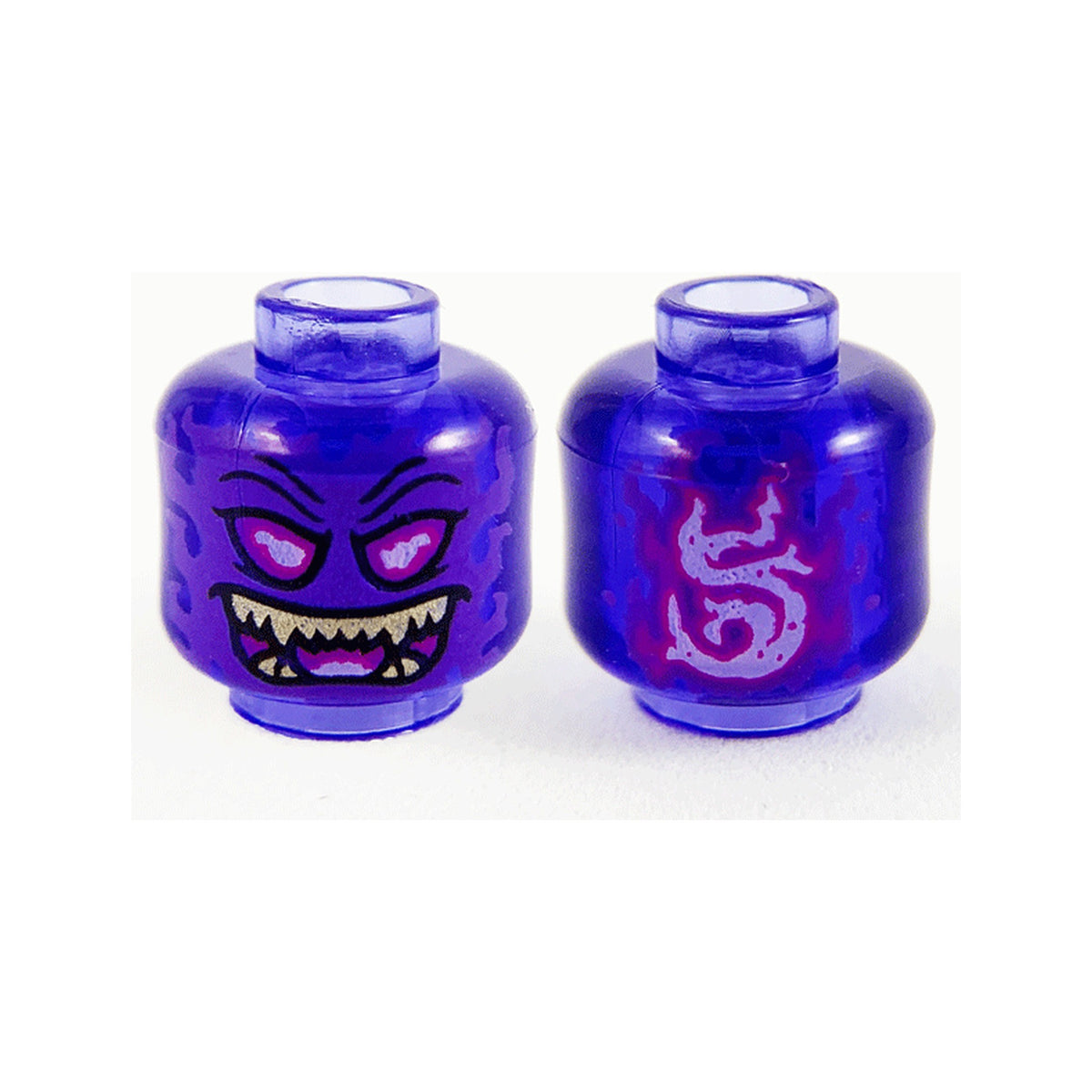 LEGO® Minifigure, Head Alien Ghost with Dark Purple Face, Magenta Eyes and Open Mouth and Gold Sharp Teeth Pattern 3626pb3348 trans-purple