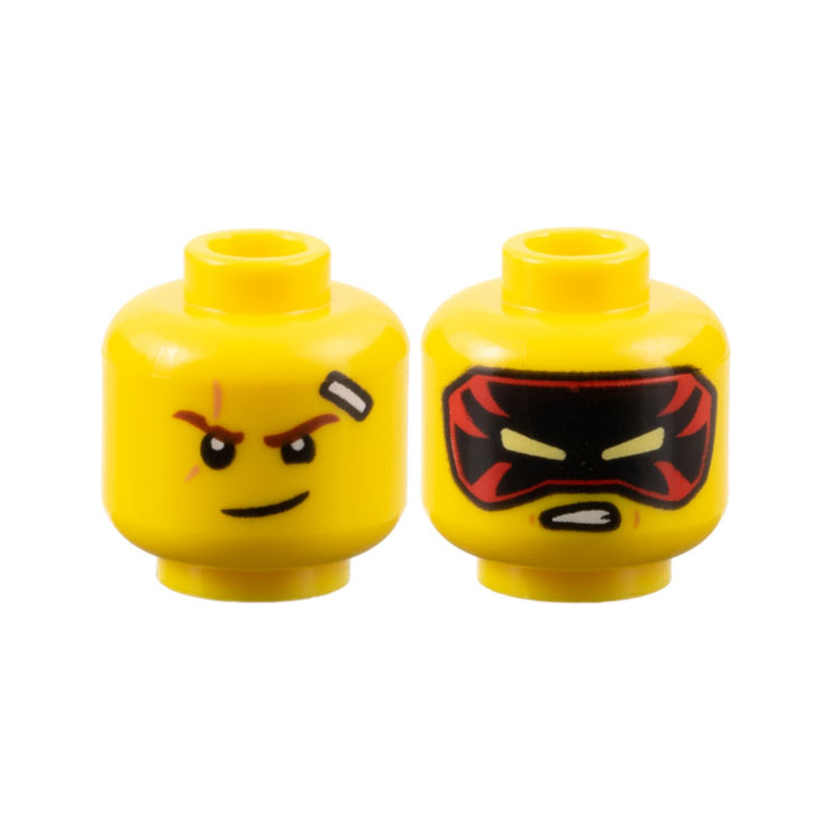LEGO® Minifigure, Head Dual Sided Reddish Brown Eyebrows, Nougat Scar, White Bandage, Lopsided Grin / Black and Red Mask with Bright Light Yellow Eye Holes, Open Mouth Scowl with Teeth Pattern 3626pb3366 gelb