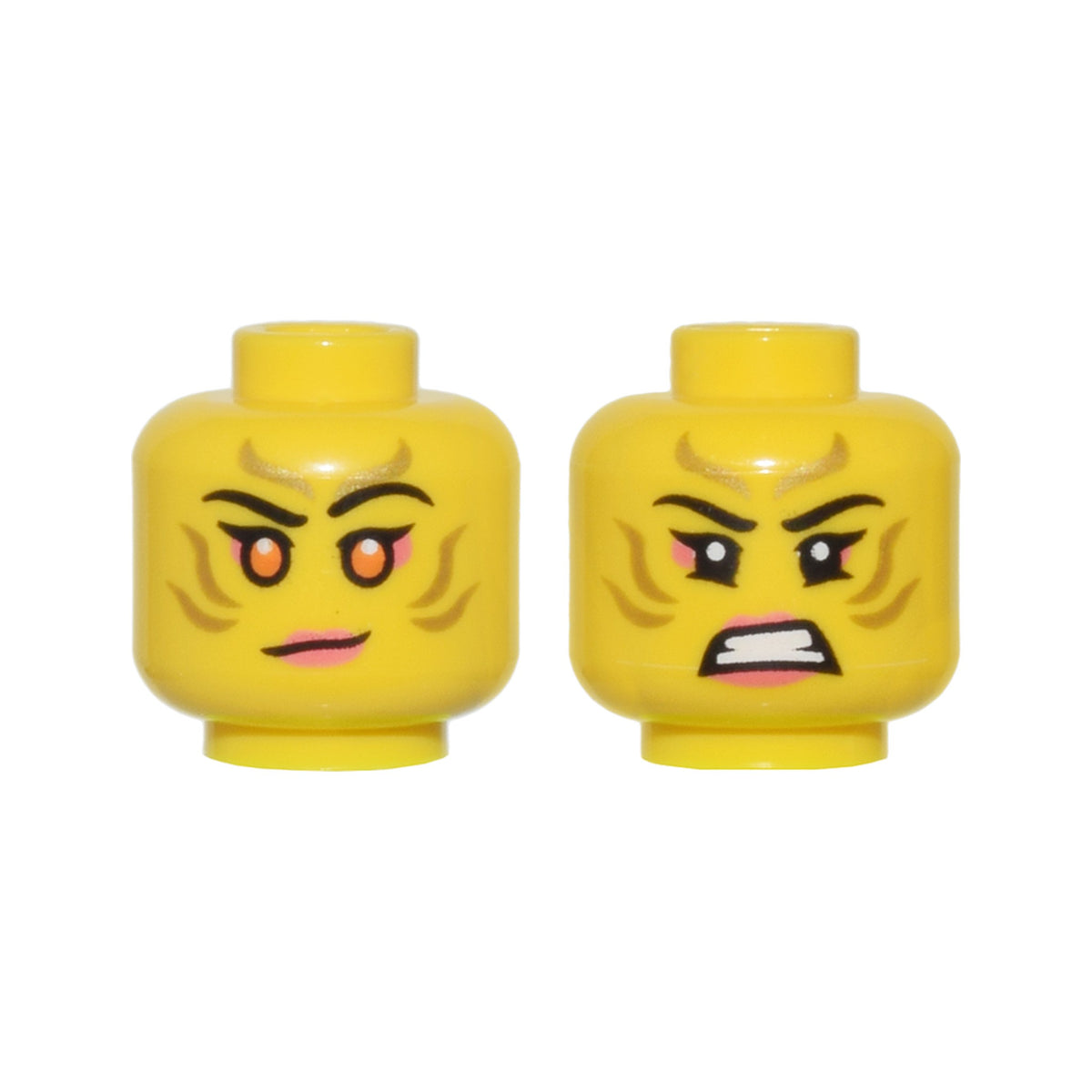 LEGO® Minifigure, Head Dual Sided Female Gold Stripes Face Paint, Coral Lips and Eye Shadow, Orange Eyes, Lopsided Grin / Bared Teeth Pattern 3626pb3368 gelb