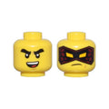 LEGO® Minifigure, Head Dual Sided Thick Black Eyebrows, Open Mouth Smile with Top Teeth and Tongue / Black and Dark Red Mask, Frown Pattern 3626pb3387 gelb
