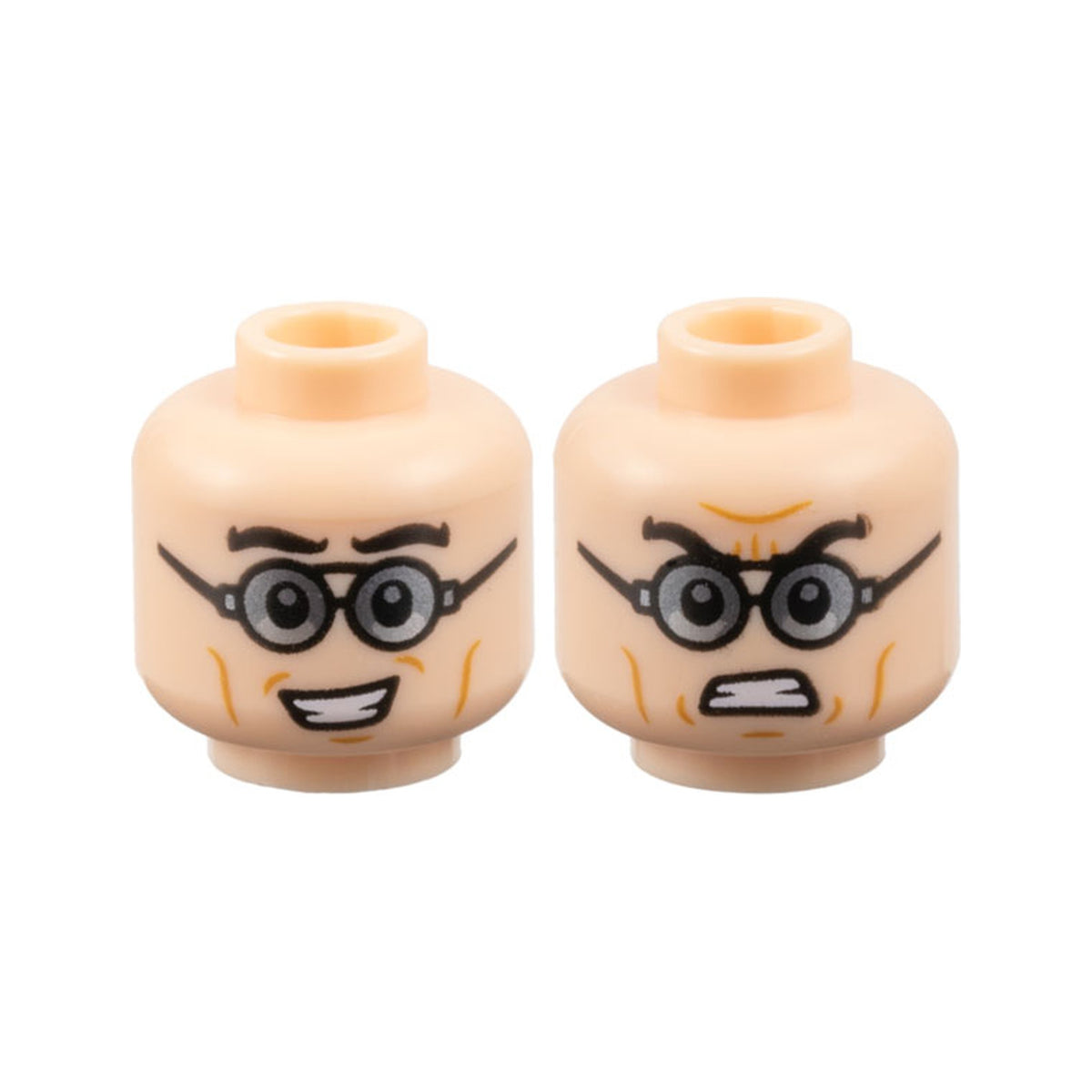LEGO® Minifigure, Head Dual Sided Black Thick Eyebrows, Glasses with Dark Silver Lenses, Medium Nougat Cheek Lines, Open Mouth Smile / Bared Teeth with Furrowed Brow Pattern 3626pb3443 hellnougat