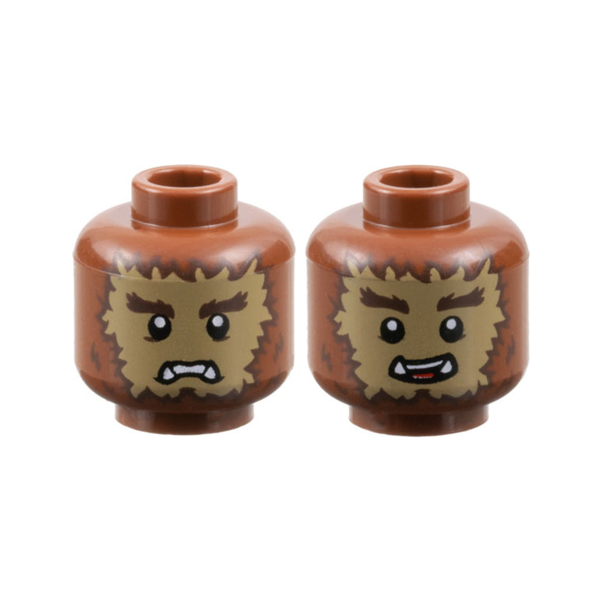 LEGO® Minifigure, Head Dual Sided Alien Dark Brown Bushy Eyebrows and Fur, Dark Tan Face, Lower Fangs, Scowl / Open Mouth Smile with Top Teeth and Red Tongue Pattern 3626pb3458 braun