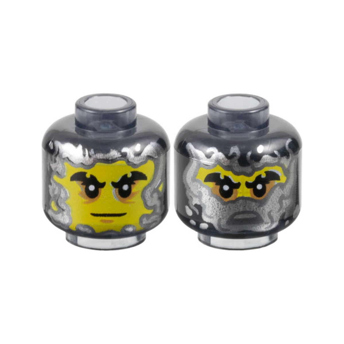 LEGO® Minifigure, Head Dual Sided Yellow Face, Black Notched Eyebrows, Medium Nougat Eye Shadow, Neutral / Silver Half Mask Pattern 3626pb3523 trans-black