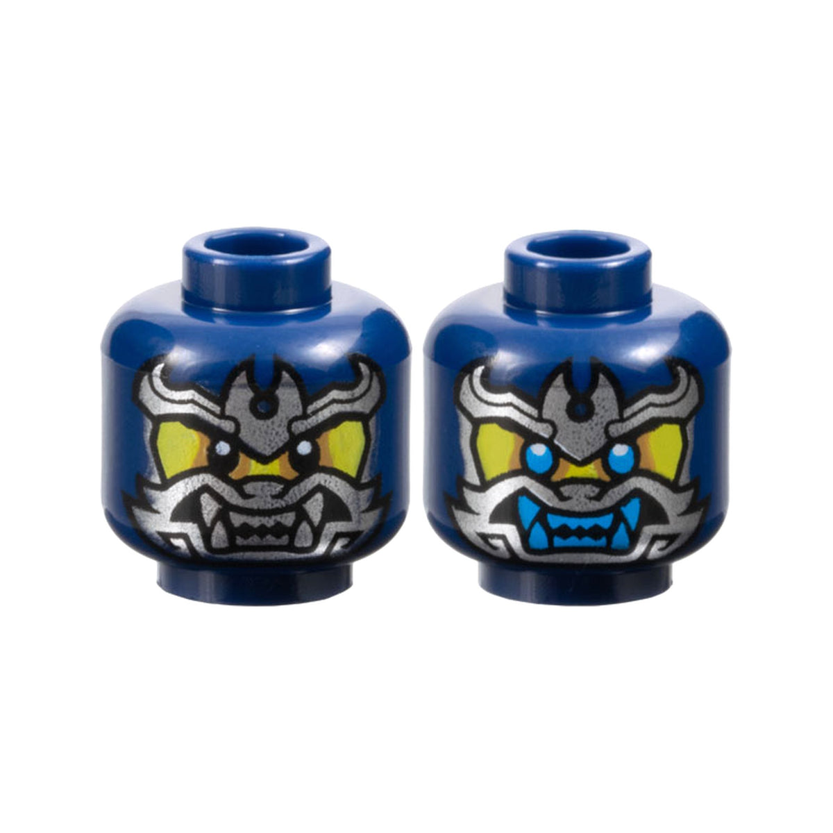 LEGO® Minifigure, Head Dual Sided Samurai Mask over Yellow Face with Medium Nougat Eye Shadow, Black Eyes and Silver Teeth / Dark Azure Eyes and Teeth Pattern 3626pb3542 dunkelblau