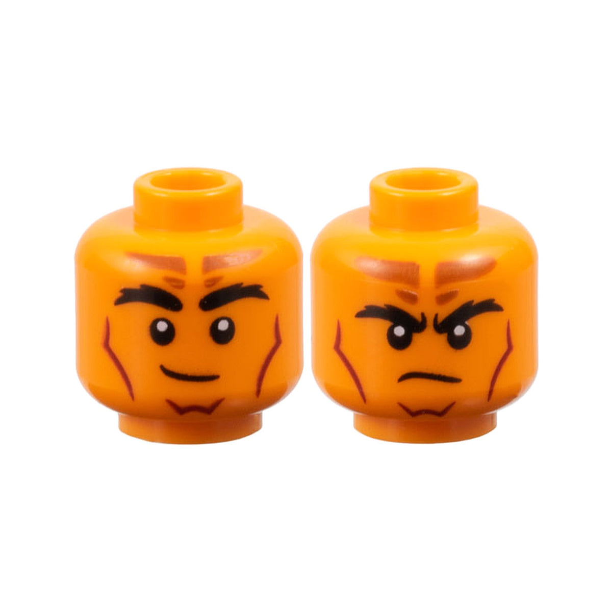 LEGO® Minifigure, Head Dual Sided Black Bushy Eyebrows, Dark Orange Forehead Markings, Dark Red Contour Lines, Lopsided Grin / Frown Pattern 3626pb3673 orange