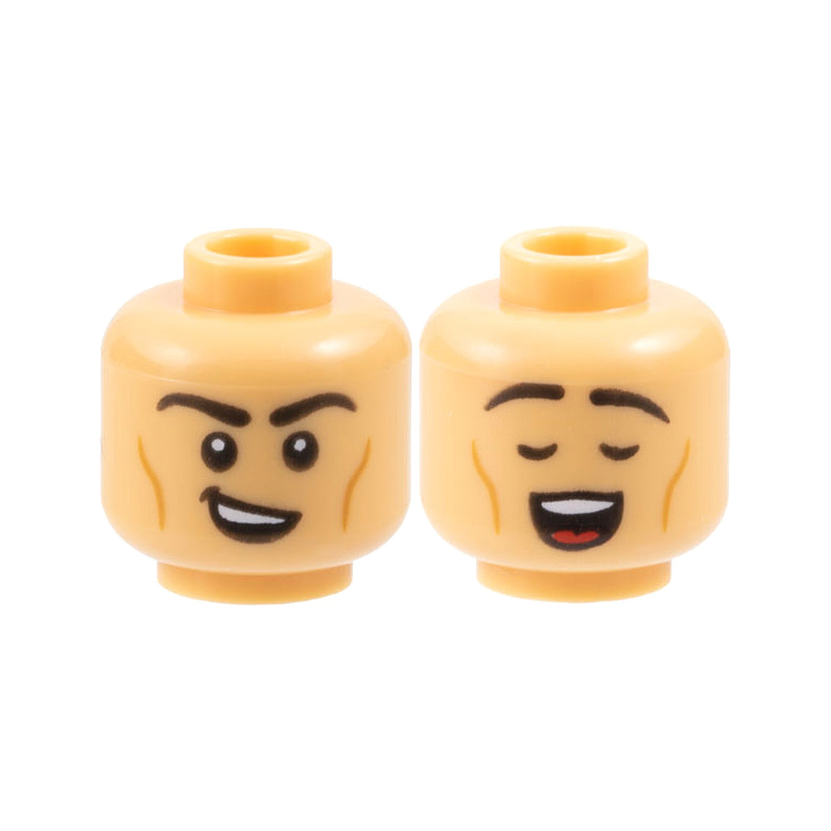 LEGO® Minifigure, Head Dual Sided Black Eyebrows, Medium Nougat Cheek Lines, Lopsided Open Mouth Smile / Closed Eyes, Singing Pattern 3626pb3677 medium tan