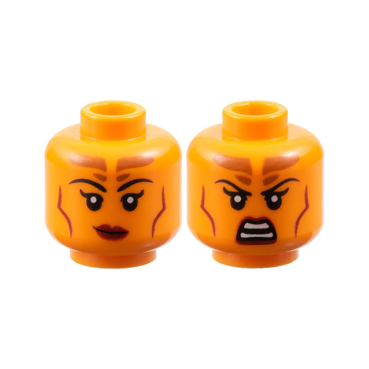 LEGO® Minifigure, Head Dual Sided Female Black Eyebrows, Dark Orange Forehead Markings, Dark Red Lips and Contour Lines, Lopsided Grin / Scowl Pattern 3626pb3679 orange