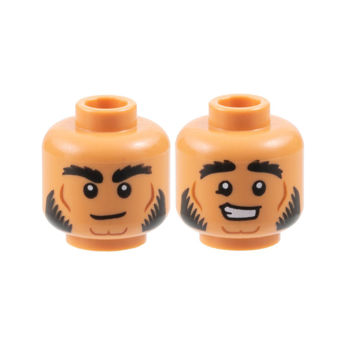 LEGO® Minifigure, Head Dual Sided Black Bushy Eyebrows and Sideburns, Medium Nougat Contour Lines, Neutral / Worried Open Mouth Smile Pattern 3626pb3680 nougat