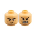 LEGO® Minifigure, Head Dual Sided Black Eyebrows, Medium Nougat Cheek Lines and Chin Dimple, Raised Eyebrow Right / Fierce Open Mouth Scowl with Teeth Pattern 3626pb3951 medium tan