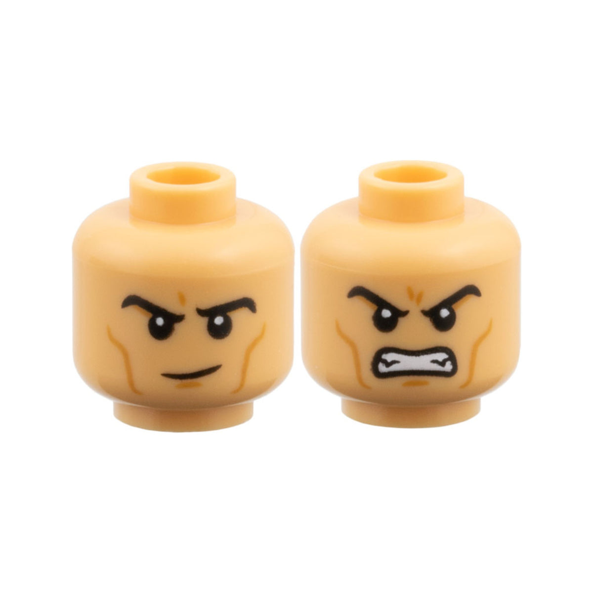 LEGO® Minifigure, Head Dual Sided Black Eyebrows, Medium Nougat Cheek Lines and Chin Dimple, Raised Eyebrow Right / Fierce Open Mouth Scowl with Teeth Pattern 3626pb3951 medium tan