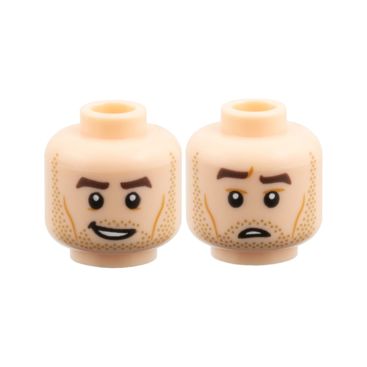 LEGO® Minifigure, Head Dual Sided Dark Brown Eyebrows, Medium Nougat Cheek Lines, Dark Tan Stubble, Lopsided Open Mouth Grin / Confused with Raised Eyebrow Right Pattern 3626pb3957 hellnougat