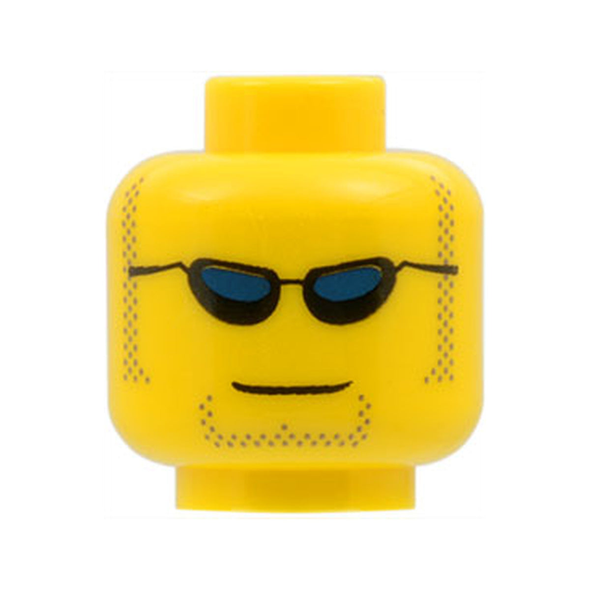 LEGO® Minifigure, Head Black Sunglasses with Dark Blue Lenses, Dark Tan Sideburns and Goatee Stubble, Grin Pattern 3626px299 gelb