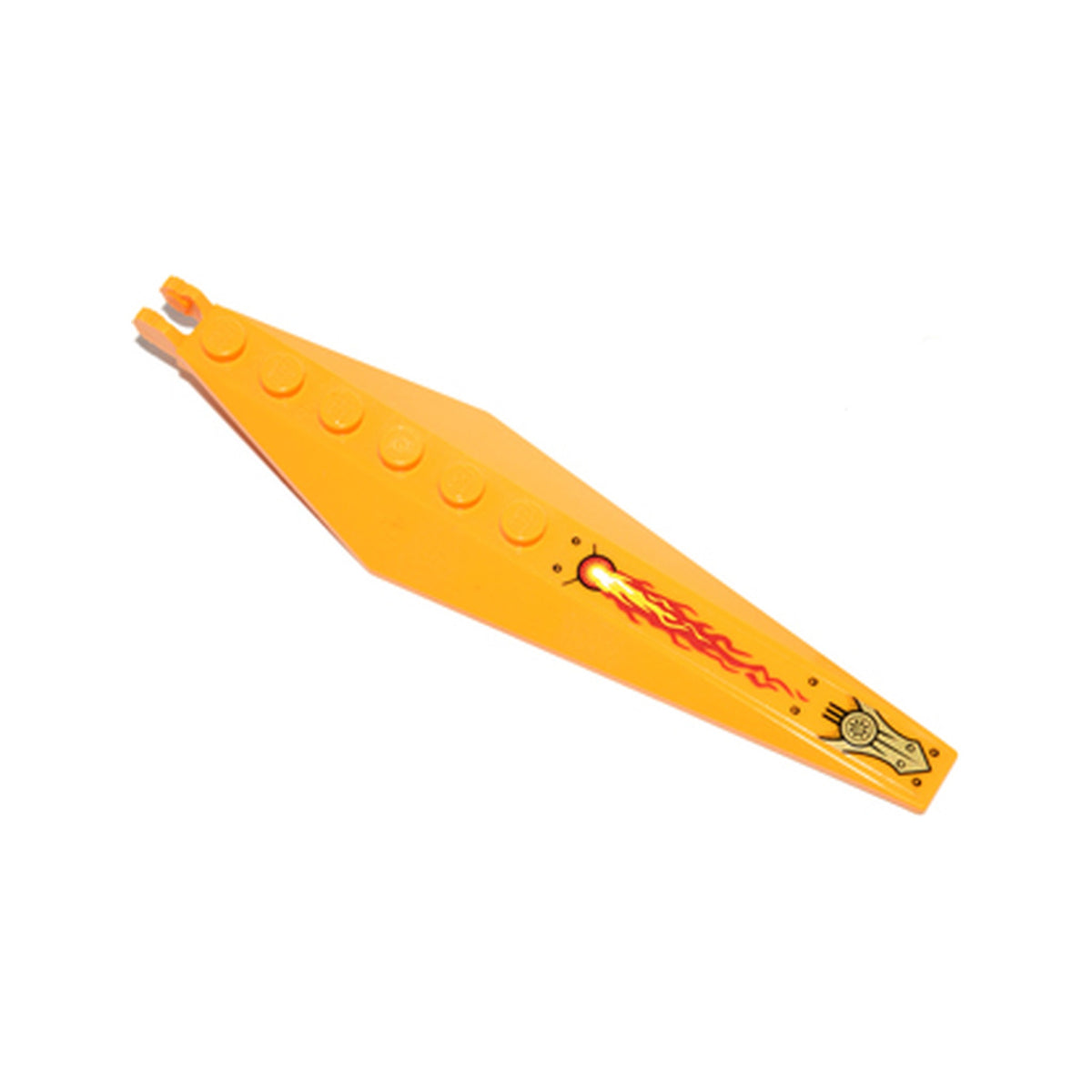 LEGO® Hinge Plate 3 x 12 with Angled Side Extensions and Tapered Ends with Flames, Rivets, and Gold Armor Plate Pattern (Sticker) - Set 70146 57906pb013 hellorange