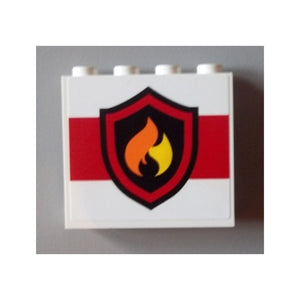 LEGO® Panel 1 x 4 x 3 with Side Supports - Hollow Studs with Black and Yellow Fire Logo Badge on White Background Pattern (Sticker) - Set 60004 / 60110 60581pb016