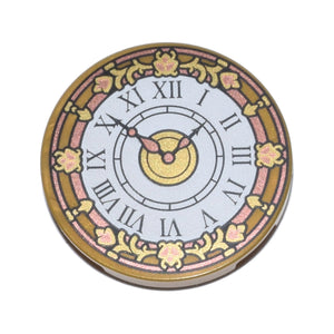 LEGO® Tile, Round 3 x 3 with White Clock Face, Copper and Gold Hands, Border, and Filigree and Black Roman Numerals Pattern 67095pb085