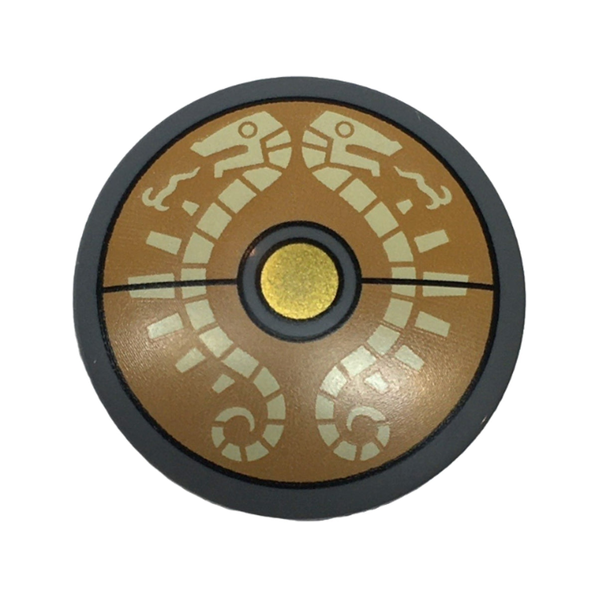 LEGO® Minifigure, Shield Circular / Round Convex Face with Tan Skeletal Serpents on Medium Nougat Background, Gold Center Pattern (The Legend of Zelda Traveler's Shield) 75902pb33 dunkelgrau