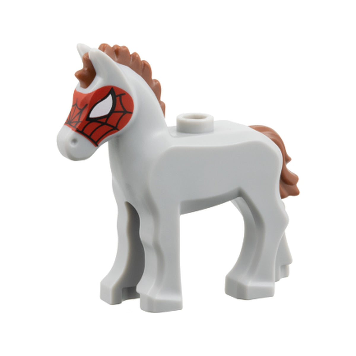 LEGO® Horse, Baby Foal with Stud on Back with Molded Reddish Brown Mane and Tail and Printed Large White Eyes and Red Spider Web Mask Pattern (Marvel Widow) 82445pb05 hellgrau