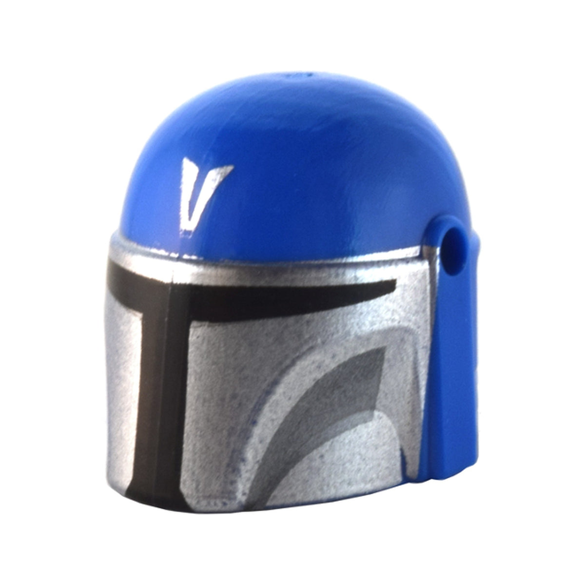LEGO® Minifigure, Headgear Helmet with Holes, SW Mandalorian with Silver 'V' and Mask, Dark Bluish Gray Cheek Indents and Black Visor Pattern 87610pb20 blau