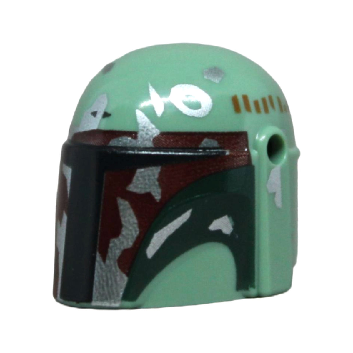 LEGO® Minifigure, Headgear Helmet with Holes, SW Mandalorian with Black and Dark Red Visor, Dark Green Cheek Indents, Dark Orange Stripes, Silver Battle Damage Pattern 87610pb30 sandgrün