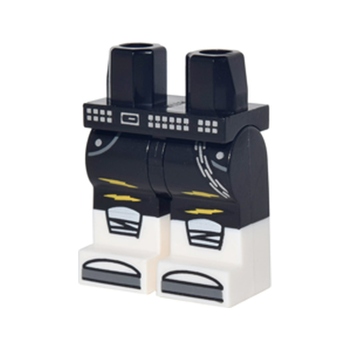 LEGO® Hips and Legs with Molded White Lower Legs / Boots and Printed Pockets, Silver Chain and Studded Belt with Buckle, Yellow Rips, White Shoe Tops and Dark Bluish Gray Tips Pattern 970c00pb0705 schwarz