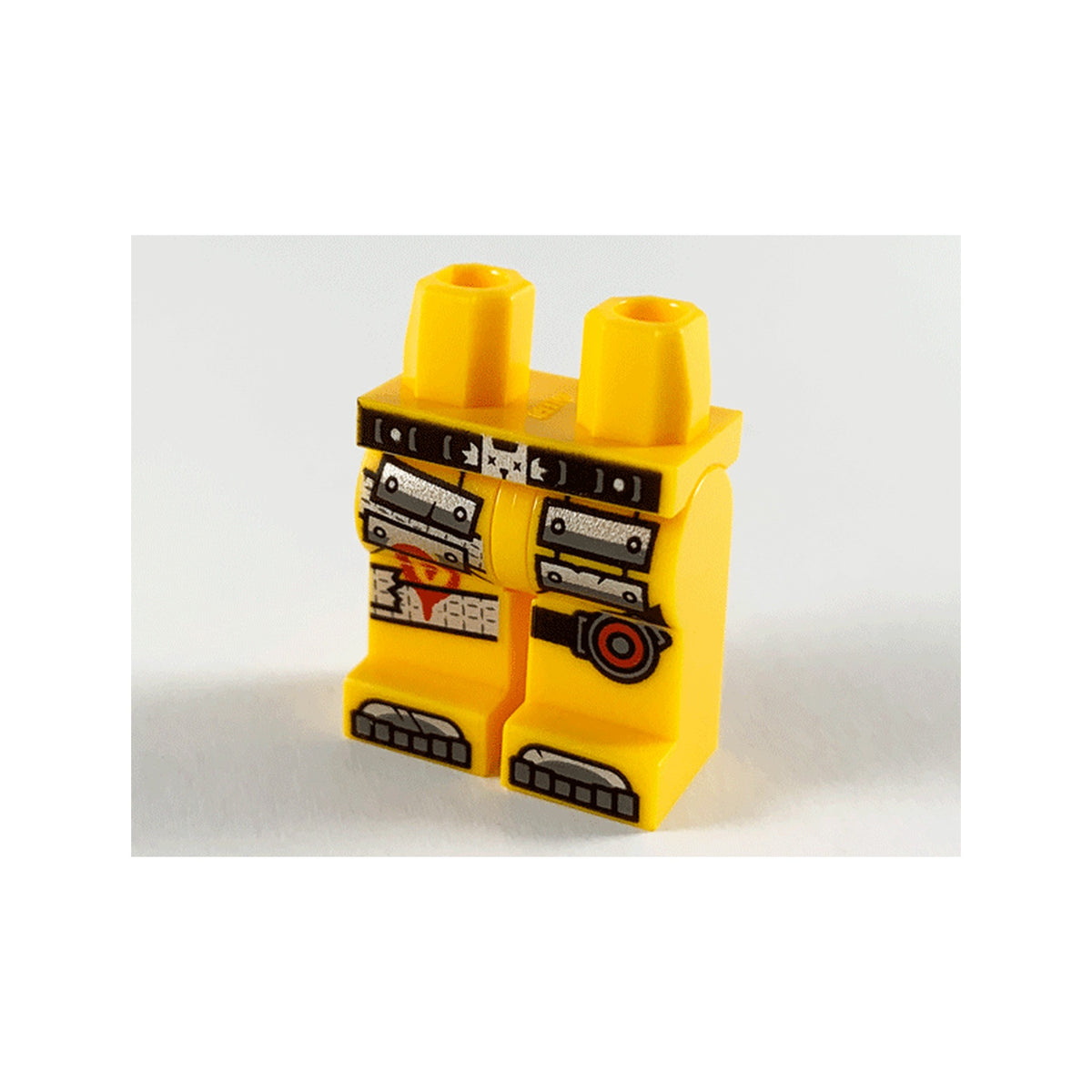 LEGO® Hips and Legs with Silver Panels and Tape on Right Leg, Black and Red Knee Strap on Left Leg Pattern 970c00pb1056 hellorange