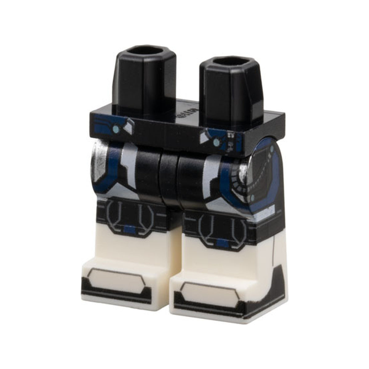 LEGO® Hips and Legs with Molded White Lower Legs / Boots and Printed Armor with Silver, Dark Blue, and White Trim, Metallic Light Blue Dots, Knee Pads, Soles Pattern 970c00pb1542 schwarz