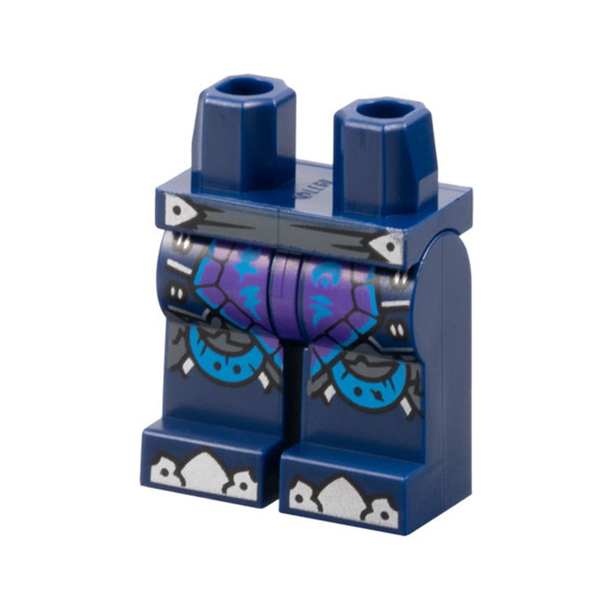 LEGO® Hips and Legs with Dark Bluish Gray Belt, Dark Purple Loincloth with Dark Azure Ninjago Logogram 'LF' and ON', Silver Toes and Trim Pattern 970c00pb1575 dunkelblau