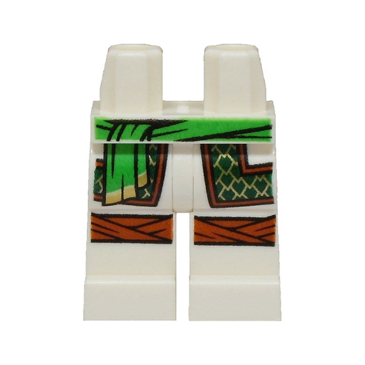 LEGO® Hips and Legs with Bright Green Sash, Robe Ends with Dark Green and Gold Trim, Dark Orange Knee Wrappings Pattern 970c00pb1599 weiss