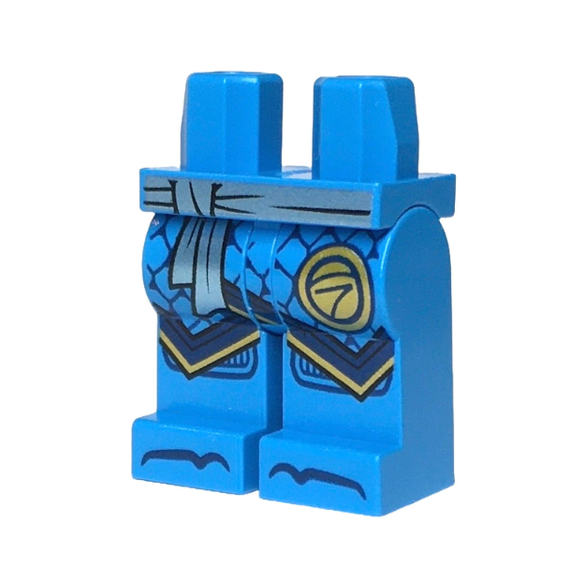 LEGO® Hips and Legs with Metallic Light Blue Sash, Ninjago Logogram Letter N in Circle, Dark Blue Robe Ends with Gold Trim, Knee Pads and Toes Pattern 970c00pb1648 dunkelazur