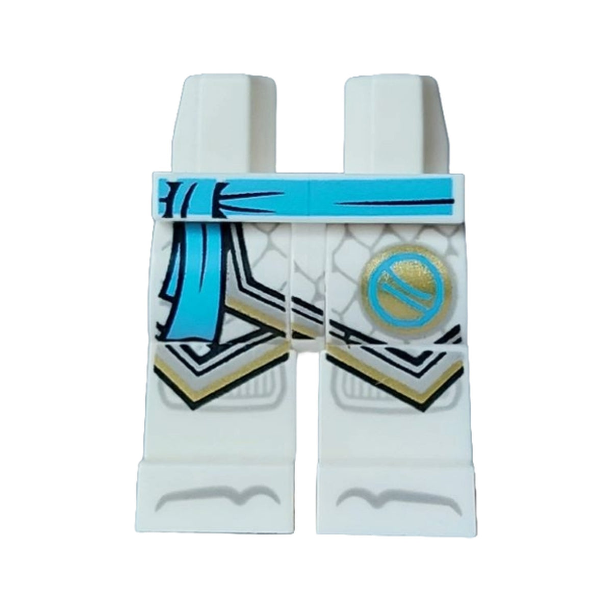 LEGO® Hips and Legs with Medium Azure Sash, Ninjago Logogram Letter Z in Circle, Light Bluish Gray Robe Ends with Gold Trim, Knee Pads and Toes Pattern 970c00pb1650 weiss