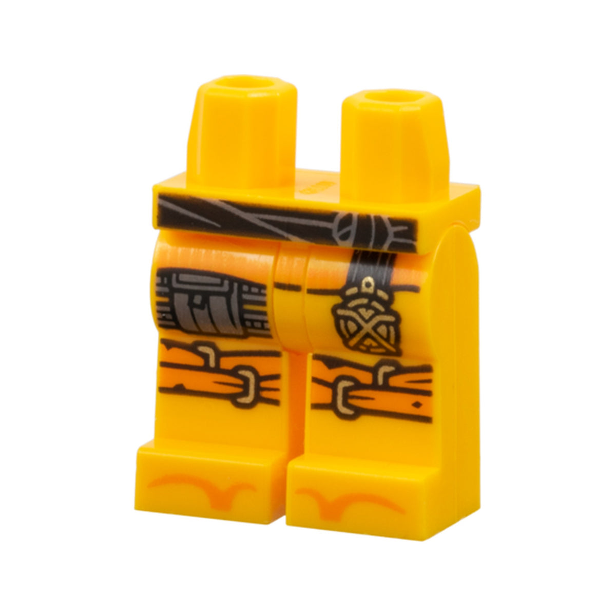 LEGO® Hips and Legs with Black Waist Sash with Hanging Gold Medallion End, Dark Bluish Gray Pouch, Orange Knee Straps with Slides, Shoe Tips Pattern 970c00pb1724 hellorange